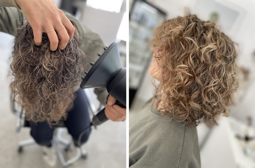Naturlocken mit feinem Haar aufpeppen mit Wassersprühflasche, Lockenmacher und einem Diffusor