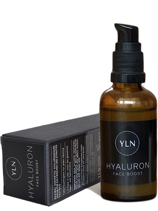 Flasche mit 50ml hoch- und niedermolikularem Hyaluron Serum. Tiefenfeuchtigkeit für die trockene haut.