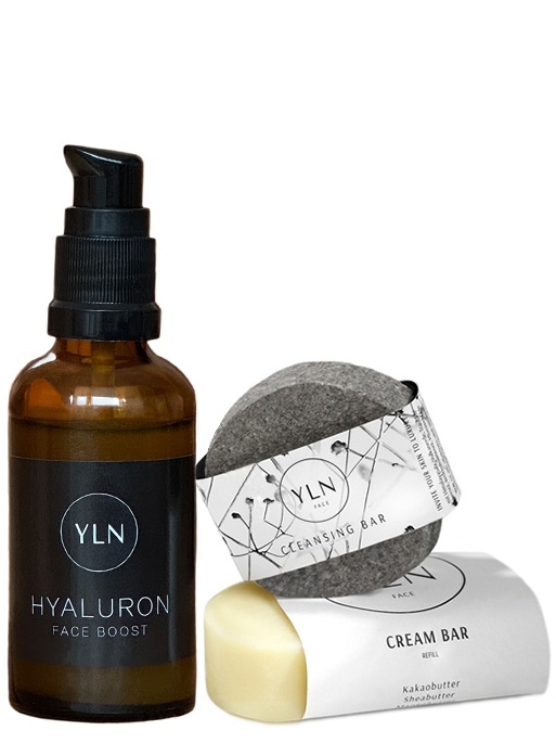 Gesichtspflegeset aus Hyaluronsäure-Serum, Gesichtsreinigung CLEANSING BAR und reichhaltiger, fester Gesichtspflege CREAM BAR. Im Set 10% günstiger.