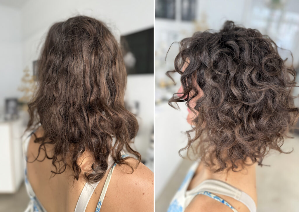 Brünette Frau mit Naturlocken. vorher sind die Locken lang und ausgehangen, danach ist die Frisur ein durchgestufter toller Lockschnitt bis zum Kinn. die Locken sehen gepflegt aus.