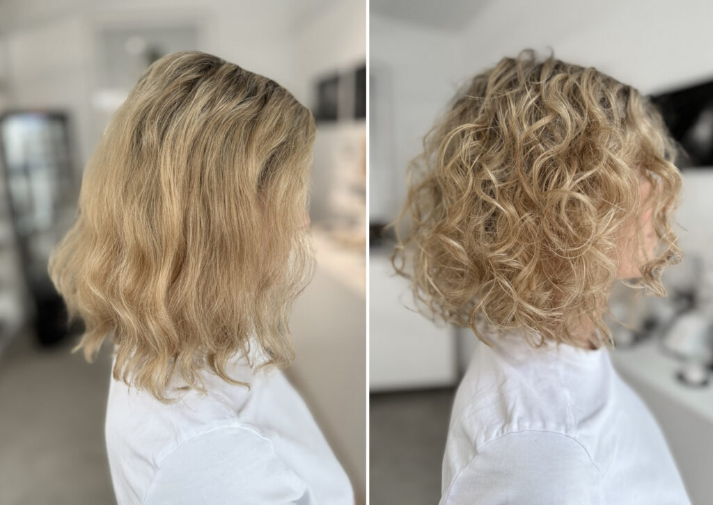 Blonde Frau mit Naturlocken bis zum Kinn. Vorher-Nachher Foto