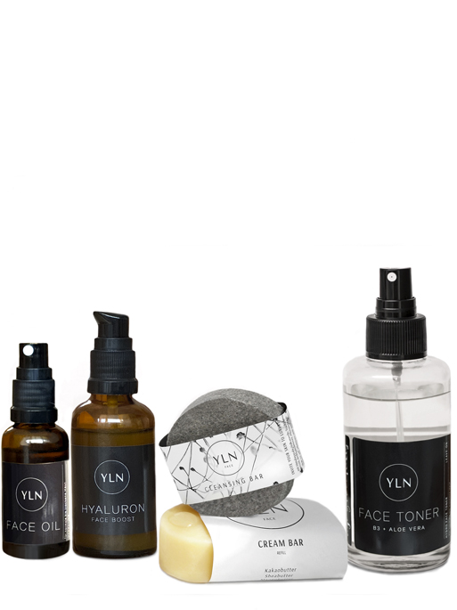YLN Anti aging Set bestehend aus Hydra Face Toner, Hyaluron Serum, Face Oil, Cream Bar, Cleansing Bar. die Komplette Face Routine von YLN